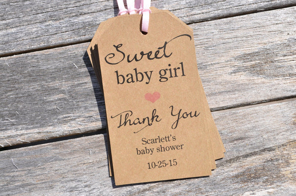 Girl Baby Shower Favor Tags, Sweet Baby Girl, Rustic Thank You Tags, Kraft Favor Tag, Girls Baby Shower Thank You Tags - Set of 12