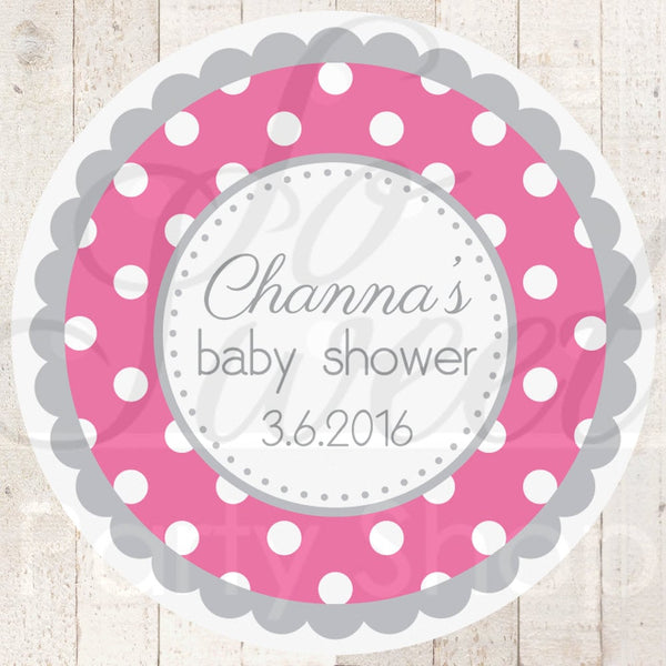 Girls Baby Shower Favor Sticker Labels - Dark Pink and Gray Polkadot - Personalized Baby Shower Favors - Baby Shower Decorations - Set of 24