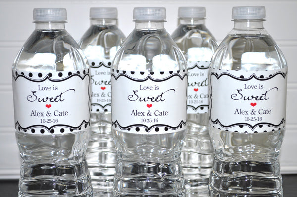 Wedding Water Bottle Labels (Love Is Sweet) - Bridal Shower Water Bottle Labels - Waterproof Bottle Wraps - Set of 10