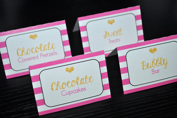 Food Label Cards, Buffet Cards, Candy Labels, Place Cards, Bachelorette, Bridal Shower, Wedding - Pink, Black and Gold Heart - Set of 12