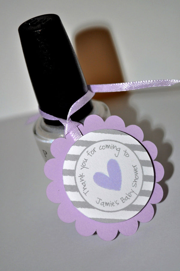 Girls Baby Shower Favor Tags, Thank You Tags, Baby Shower Favors, Nail Polish Favor Tags, Heart and Stripe Purple and Gray - Set of 12