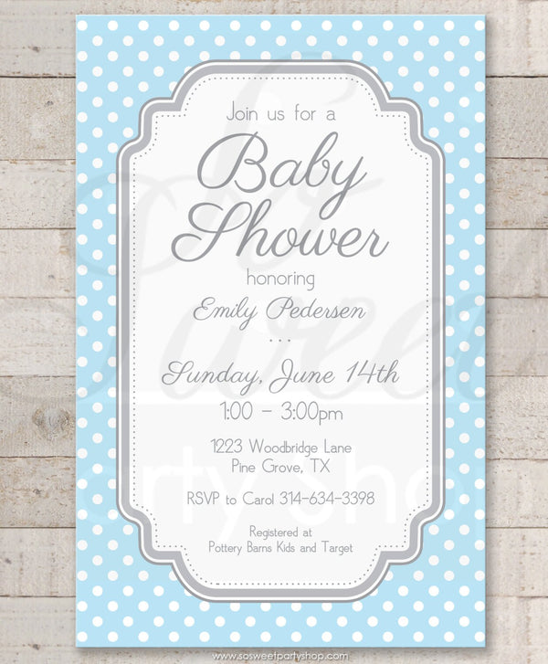 Boys Baby Shower Invitations - Blue and Gray POLKADOTS - Boy Baby Shower Decorations - Boy Baby Shower Invites - Set of 10